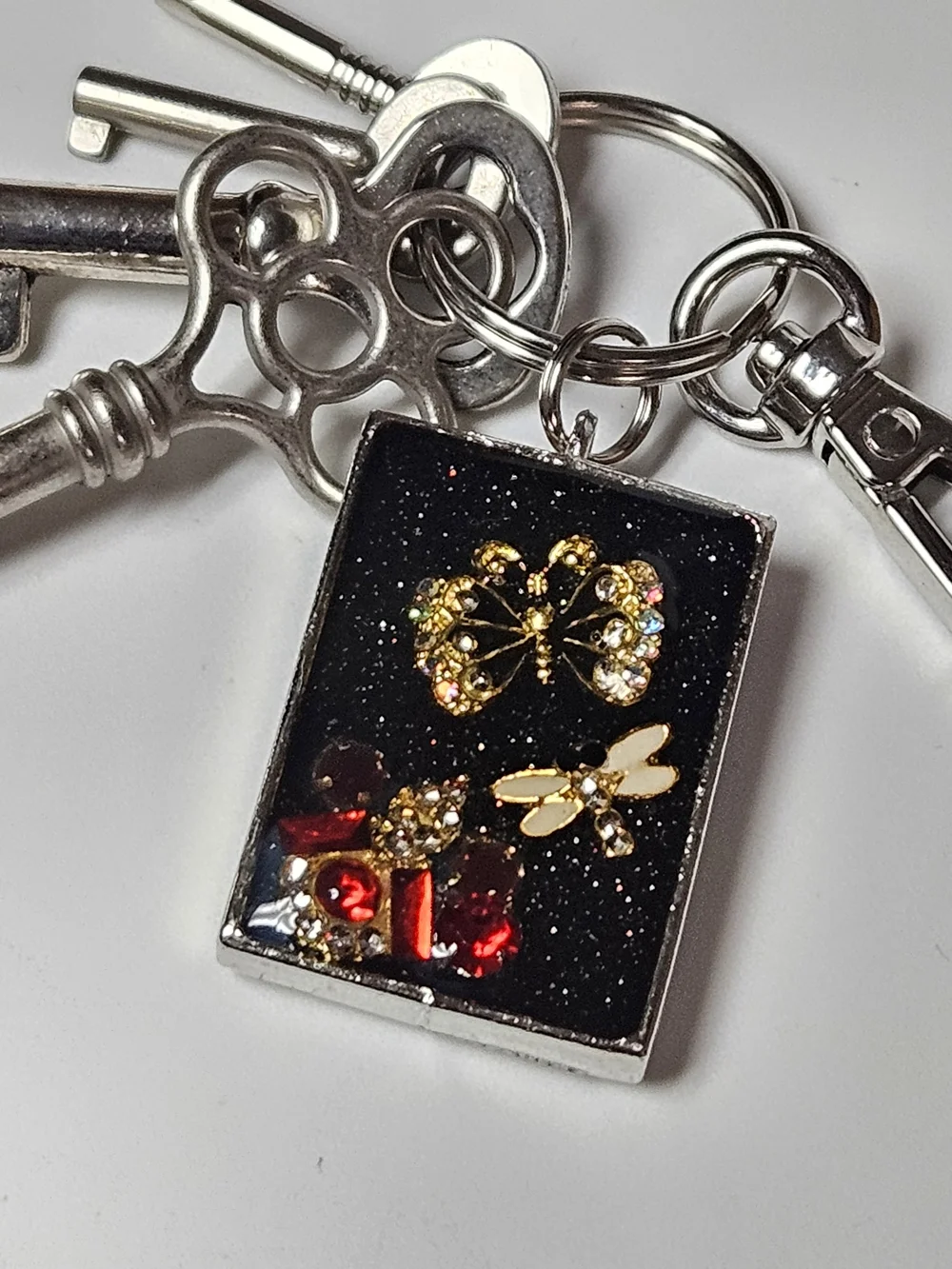 Black Glitter Butterfly & Dragonfly Keychain Charm Crystal Accents